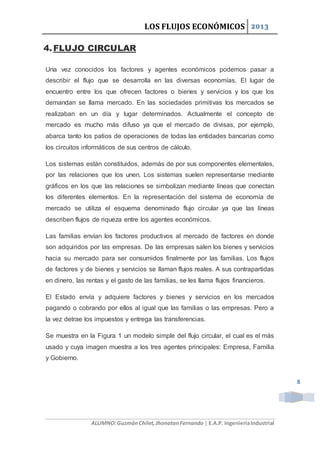 LOS FLUJOS ECONÓMICOS 2013
ALUMNO:GuzmánChilet,JhonatanFernando | E.A.P. IngenieríaIndustrial
8
4.FLUJO CIRCULAR
Una vez conocidos los factores y agentes económicos podemos pasar a
describir el flujo que se desarrolla en las diversas economías. El lugar de
encuentro entre los que ofrecen factores o bienes y servicios y los que los
demandan se llama mercado. En las sociedades primitivas los mercados se
realizaban en un día y lugar determinados. Actualmente el concepto de
mercado es mucho más difuso ya que el mercado de divisas, por ejemplo,
abarca tanto los patios de operaciones de todas las entidades bancarias como
los circuitos informáticos de sus centros de cálculo.
Los sistemas están constituidos, además de por sus componentes elementales,
por las relaciones que los unen. Los sistemas suelen representarse mediante
gráficos en los que las relaciones se simbolizan mediante líneas que conectan
los diferentes elementos. En la representación del sistema de economía de
mercado se utiliza el esquema denominado flujo circular ya que las líneas
describen flujos de riqueza entre los agentes económicos.
Las familias envían los factores productivos al mercado de factores en donde
son adquiridos por las empresas. De las empresas salen los bienes y servicios
hacia su mercado para ser consumidos finalmente por las familias. Los flujos
de factores y de bienes y servicios se llaman flujos reales. A sus contrapartidas
en dinero, las rentas y el gasto de las familias, se les llama flujos financieros.
El Estado envía y adquiere factores y bienes y servicios en los mercados
pagando o cobrando por ellos al igual que las familias o las empresas. Pero a
la vez detrae los impuestos y entrega las transferencias.
Se muestra en la Figura 1 un modelo simple del flujo circular, el cual es el más
usado y cuya imagen muestra a los tres agentes principales: Empresa, Familia
y Gobierno.
 