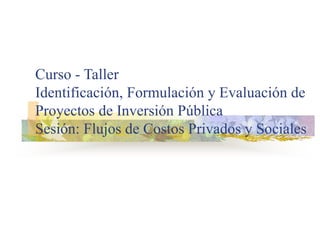 Curso - Taller
Identificación, Formulación y Evaluación de
Proyectos de Inversión Pública
Sesión: Flujos de Costos Privados y Sociales
 