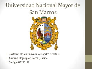 Universidad Nacional Mayor de
San Marcos

• Profesor: Flores Talavera, Alejandro Orestes
• Alumno: Bojorquez Gomez, Felipe
• Código: 08130112

 