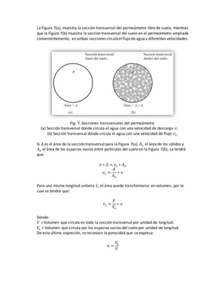 La Figura 7(a), muestra la sección transversal del permeámetro libre de suelo, mientras
que la Figura 7(b) muestra la sección transversal del suelo en el permeámetro ampliada
convenientemente, en ambas secciones circulaelflujo de aguaa diferentes velocidades.
Fig. 7. Secciones transversales del permeámetro.
(a) Sección transversal donde circula el agua con una velocidad de descarga 𝑣.
(b) Sección transversal donde circula el agua con una velocidad de flujo 𝑣𝑠.
Si 𝐴 es el área de la sección transversal para la Figura 7(a), 𝐴 𝑠 el área de los sólidos y
𝐴 𝑣 el área de los espacios vacíos entre partículas del suelo en la Figura 7(b), se tendrá
que:
𝑣 ∗ 𝐴 = 𝑣𝑠 ∗ 𝐴 𝑣
𝑣𝑠 =
𝐴
𝐴 𝑣
∗ 𝑣
Para una misma longitud unitaria 𝐿, el área puede transformarse en volumen, por lo
cual se tendrá que:
𝑣𝑠 =
𝑉
𝑉𝑣
∗ 𝑣
Dónde:
𝑉 = Volumen que circula en toda la sección transversal por unidad de longitud.
𝑉𝑣 = Volumen que circula por los espacios vacíos del suelo por unidad de longitud.
De esta última expresión, se reconoce la porosidad que se expresa:
𝑛 =
𝑉𝑣
𝑉
 