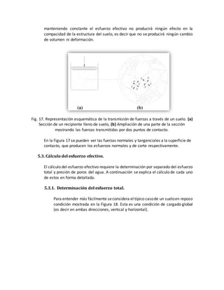 manteniendo constante el esfuerzo efectivo no producirá ningún efecto en la
compacidad de la estructura del suelo, es decir que no se producirá ningún cambio
de volumen ni deformación.
Fig. 17. Representación esquemática de la transmisión de fuerzas a través de un suelo. (a)
Sección de un recipiente lleno de suelo, (b) Ampliación de una parte de la sección
mostrando las fuerzas transmitidas por dos puntos de contacto.
En la Figura 17 se pueden ver las fuerzas normales y tangenciales a la superficie de
contacto, que producen los esfuerzos normales y de corte respectivamente.
5.3. Cálculo del esfuerzo efectivo.
El cálculo del esfuerzo efectivo requiere la determinación por separado del esfuerzo
total y presión de poros del agua. A continuación se explica el cálculo de cada uno
de estos en forma detallada.
5.3.1. Determinación del esfuerzo total.
Para entender más fácilmente seconsidera el típico casode un sueloen reposo
condición mostrada en la Figura 18. Esta es una condición de cargado global
(es decir en ambas direcciones, vertical y horizontal).
 