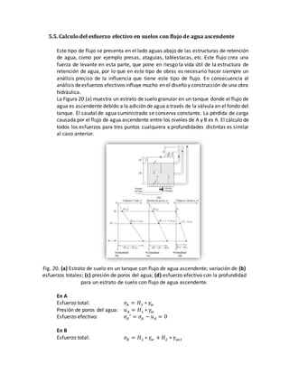 5.5. Calculo del esfuerzo efectivo en suelos con flujo de agua ascendente
Este tipo de flujo se presenta en el lado aguas abajo de las estructuras de retención
de agua, como por ejemplo presas, ataguías, tablestacas, etc. Este flujo crea una
fuerza de levante en esta parte, que pone en riesgo la vida útil de la estructura de
retención de agua, por lo que en este tipo de obras es necesario hacer siempre un
análisis preciso de la influencia que tiene este tipo de flujo. En consecuencia el
análisis deesfuerzos efectivos influye mucho en el diseño y construcción de una obra
hidráulica.
La Figura 20 (a) muestra un estrato de suelo granular en un tanque donde el flujo de
agua es ascendente debido a la adición de agua a través de la válvula en el fondo del
tanque. El caudal de agua suministrado se conserva constante. La pérdida de carga
causada por el flujo de agua ascendente entre los niveles de A y B es h. El cálculo de
todos los esfuerzos para tres puntos cualquiera a profundidades distintas es similar
al caso anterior.
Fig. 20. (a) Estrato de suelo en un tanque con flujo de agua ascendente; variación de (b)
esfuerzos totales; (c) presión de poros del agua; (d) esfuerzo efectivo con la profundidad
para un estrato de suelo con flujo de agua ascendente.
En A
Esfuerzo total: 𝜎𝐴 = 𝐻1 ∗ 𝛾𝑤
Presión de poros del agua: 𝑢 𝐴 = 𝐻1 ∗ 𝛾𝑤
Esfuerzo efectivo: 𝜎𝐴
′
= 𝜎𝐴 − 𝑢 𝐴 = 0
En B
Esfuerzo total: 𝜎𝐵 = 𝐻1 ∗ 𝛾𝑤 + 𝐻2 ∗ 𝛾𝑠𝑎 𝑡
 