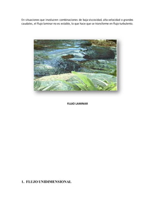 En situaciones que involucren combinaciones de baja viscosidad, alta velocidad o grandes
caudales, el flujo laminar no es estable, lo que hace que se transforme en flujo turbulento.
FLUJO LAMINAR
1. FLUJO UNIDIMENSIONAL
 