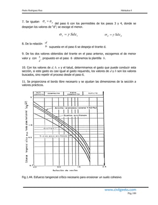 Pedro Rodríguez Ruiz Hidráulica II
www.civilgeeks.com
Pág.100
7. Se igualan s p
del paso 6 con los permisibles de los pasos 3 y 4, donde se
despejan los valores de “d”; se escoge el menor.
ss Sd  pp Sd 
8. De la relación
b
d
supuesta en el paso 6 se despeja el tirante d.
9. De los dos valores obtenidos del tirante en el paso anterior, escogemos el de menor
valor y con ,
d
b propuesto en el paso 6 obtenemos la plantilla b.
10. Con los valores de d, b, n y el talud, determinamos el gasto que puede conducir esta
sección, si este gasto es casi igual al gasto requerido, los valores de d y b son los valores
buscados, sino repetir el proceso desde el paso 6.
11. Se proporciona el bordo libre necesario y se ajustan las dimensiones de la sección a
valores prácticos.
Fig.1.44. Esfuerzo tangencial crítico necesario para erosionar un suelo cohesivo.
 