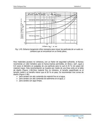 Pedro Rodríguez Ruiz Hidráulica II
www.civilgeeks.com
Pág.101
Fig. 1.45. Esfuerzo tangencial crítico necesario para mover las partículas de un suelo no
cohesivo que se encuentran en un fondo plano.
Para materiales gruesos no cohesivos, con un factor de seguridad suficiente, el Bureau
recomienda un valor tentativo para la fuerza tractiva permisible, en libras / pie², igual a
0.4 veces el diámetro en pulgadas de una partícula para la cual el 25 % (en peso) del
material mayor. Esta recomendación se muestra por medio de una línea recta en la tabla
de diseño (Figura 1.46).Para material fino no cohesivo, el tamaño especificado es el
tamaño medio o el tamaño menor que el 50 % en peso. Se recomiendan tres curvas de
diseño (Figura 1.46).
 para canales con alto contenido de material fino en el agua,
 para canales con alto contenido de sedimento en el agua, y
 para canales con agua limpia.
 