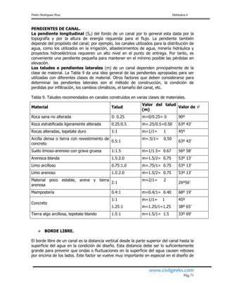 Pedro Rodríguez Ruiz Hidráulica II
www.civilgeeks.com
Pág.71
PENDIENTES DE CANAL.
La pendiente longitudinal (So) del fondo de un canal por lo general esta dada por la
topografía y por la altura de energía requerida para el flujo. La pendiente también
depende del propósito del canal; por ejemplo, los canales utilizados para la distribución de
agua, como los utilizados en la irrigación, abastecimientos de agua, minería hidráulica y
proyectos hidroeléctricos requieren un alto nivel en el punto de entrega. Por tanto, es
conveniente una pendiente pequeña para mantener en el mínimo posible las pérdidas en
elevación.
Los taludes o pendientes laterales (m) de un canal dependen principalmente de la
clase de material. La Tabla 9 da una idea general de las pendientes apropiadas para ser
utilizadas con diferentes clases de material. Otros factores que deben considerarse para
determinar las pendientes laterales son el método de construcción, la condición de
perdidas por infiltración, los cambios climáticos, el tamaño del canal, etc.
Tabla 9. Taludes recomendados en canales construidos en varias clases de materiales.
Material Talud
Valor del talud
(m)
Valor de
Roca sana no alterada 0: 0.25 m=0/0.25= 0 90º
Roca estratificada ligeramente alterada 0.25:0.5 m=.25/0.5=0.50 63º 43’
Rocas alteradas, tepetate duro 1:1 m=1/1= 1 45º
Arcilla densa o tierra con revestimiento de
concreto
0.5:1
m=.5/1= 0.50
63º 43’
Suelo limoso-arenoso con grava gruesa 1:1.5 m=1/1.5= 0.67 56º 58’
Arenisca blanda 1.5:2.0 m=1.5/2= 0.75 53º 13’
Limo arcilloso 0.75:1.0 m=.75/1= 0.75 53º 13’
Limo arenoso 1.5:2.0 m=1.5/2= 0.75 53º 13’
Material poco estable, arena y tierra
arenosa
2:1
m=2/1= 2
26º56’
Mampostería 0.4:1 m=0.4/1= 0.40 68º 19’
Concreto
1:1
1.25:1
m=1/1= 1
m=1.25/1=1.25
45º
38º 65’
Tierra algo arcillosa, tepetate blando 1.5:1 m=1.5/1= 1.5 33º 69’
 BORDE LIBRE.
El borde libre de un canal es la distancia vertical desde la parte superior del canal hasta la
superficie del agua en la condición de diseño. Esta distancia debe ser lo suficientemente
grande para prevenir que ondas o fluctuaciones en la superficie del agua causen reboses
por encima de los lados. Este factor se vuelve muy importante en especial en el diseño de

 