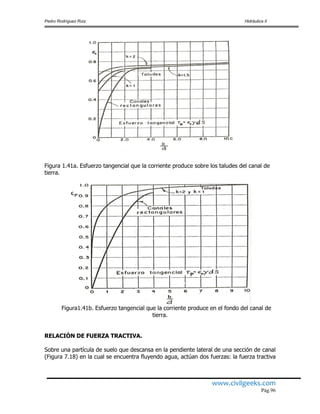 Pedro Rodríguez Ruiz Hidráulica II
www.civilgeeks.com
Pág.96
Figura 1.41a. Esfuerzo tangencial que la corriente produce sobre los taludes del canal de
tierra.
Figura1.41b. Esfuerzo tangencial que la corriente produce en el fondo del canal de
tierra.
RELACIÓN DE FUERZA TRACTIVA.
Sobre una partícula de suelo que descansa en la pendiente lateral de una sección de canal
(Figura 7.18) en la cual se encuentra fluyendo agua, actúan dos fuerzas: la fuerza tractiva
 
