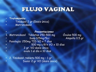 FLUJO VAGINALFLUJO VAGINAL
• Tratamiento:
• Tinidazol 2 gr (Dosis única)
• Metronidazol
• Presentaciones
1. Metronidazol Tabletas 250-500 mg Óvulos 500 mg
• Susp.125mg/5cc Ampolla 0.5 gr
• Posología: 250mg TID VO x 7 días
• 500 mg c/8 h VO x 10 días
• 2 gr. VO dosis única
• ovulo 1 al día x 10 días
• 2. Tinidazol: tableta 500 mg – 1 gr
• Dosis: 2 gr VO (dosis única)
 