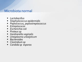 Microbiota normal
 Lactobacillus
 Staphylococcus epidermidis
 Peptococcus, peptostreptococcus
 Estreptococos
 Escherichia coli
 Proteus sp
 Gardnerella vaginalis
 Ureaplasma urealyticum
 Bacteroides
 Clostridium sp
 Candida sp esporas
 