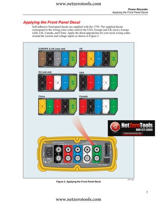 www.netzerotools.com
                                                                                                                           Power Recorder
                                                                                                             Applying the Front Panel Decal



Applying the Front Panel Decal
    Self-adhesive front panel decals are supplied with the 1750. The supplied decals
    correspond to the wiring color codes used in the USA, Europe and UK (new), Europe
    (old), UK, Canada, and China. Apply the decal appropriate for your local wiring codes
    around the current and voltage inputs as shown in Figure 2.



         EUROPE & UK (new std)                                       UK
                VOLTAGE                                                    VOLTAGE




            L1               L2          L3              N             L1            L2   L3          N



                CURRENT                                                    CURRENT




         EU (old std)                                                USA
                VOLTAGE                                                    VOLTAGE




            L1               L2          L3              N             A             B    C           N



                CURRENT                                                    CURRENT




         China                                                       Canada
                VOLTAGE                                                    VOLTAGE




            A                B           C               N             A             B    C           N



                CURRENT                                                    CURRENT




                                   1750 POWER RECORDER
                                               VOLTAGE
                                                                                                 SD
                          POWER




                                           A                 B   C             N
                                                                                                  ETHERNET
                      100-240 V
                       47-63Hz
                              ON


                                               CURRENT
                                                                                          LINK    BUSY




                                                                                                                         azd17f.eps
                                        Figure 2. Applying the Front Panel Decal



                                                                                                                                         7

                                        www.netzerotools.com
 