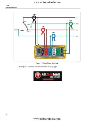 www.netzerotools.com
1750
Operators Manual




                                                                                                               A/L1


                          ØA/L1
                                                                                                               GND
                                  GND



            ØC/L3                                                                                              B/L2
                              ØB/L2


                                                                                                               C/L3




                                                          1750 POWER RECORDER
                                                                      VOLTAGE
                                                                                                   SD
                                              POWER




                                                                  A             B   C   N
                                                                                                    ETHERNET
                                             100-240 V
                                              47-63Hz
                                                     ON


                                                                      CURRENT
                                                                                            LINK    BUSY




                                                                                                                azd18f.eps
                                           Figure 11. Three-Phase Open Leg

                    Example: A variant of power transformer winding type.




22

                                        www.netzerotools.com
 