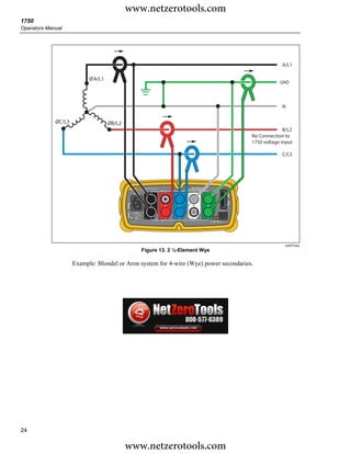 www.netzerotools.com
1750
Operators Manual




                                                                                                                                      A/L1

                           ØA/L1
                                                                                                                                     GND




                                                                                                                                      N

             ØC/L3                 ØB/L2
                                                                                                                                       B/L2
                                                                                                                         No Connection to
                                                                                                                         1750 voltage input

                                                                                                                                      C/L3




                                                         1750   P OWER RECORDE    R
                                                                        VOLT AG E
                                                                                                         SD
                                             P OWE R




                                                                    A                 B   C   N
                                                                                                              ETHERNET
                                            100-240 V
                                             47-63Hz
                                                    ON


                                                                        CURRENT
                                                                                                  LINK        B US Y




                                                                                                                                       azd07f.eps
                                                         Figure 13. 2 ½-Element Wye

                     Example: Blondel or Aron system for 4-wire (Wye) power secondaries.




24

                                           www.netzerotools.com
 