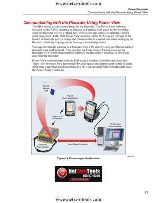 www.netzerotools.com
                                                                                                              Power Recorder
                                                                             Communicating with the Recorder Using Power View



Communicating with the Recorder Using Power View
    The PDA serves as your control panel for the Recorder. The Power View software
    installed on the PDA is designed to function as a remote front panel for the Recorder,
    since the Recorder itself is a “black box” with no integral display or external controls
    other than status LEDs. With Power View installed on the PDA, you are relieved of the
    burden of having to carry a laptop and Ethernet cable to a remote site when setting up the
    Recorder, checking its progress, or finishing a monitoring session.
    You can alternatively connect to a Recorder from a PC directly using an Ethernet cable or
    remotely over an IP network. You can then use Fluke Power Analyze to set up the
    Recorder, view power measurements wherever the Recorder is installed, or download
    data from the Recorder.
    Power View communicates with the PDA using a wireless controller radio interface.
    There is no provision for a hardwired PDA interface to the Ethernet port on the Recorder.
    After data is recorded and downloaded to a PC, you can analyze the recorded data using
    the Power Analyze software.




               SD Flash
               Memory
                Card

                                              PDA with
                                         Power View Software




                          Configure via RF
                          Communication


                                                                                               PC with Power
                                                                                              Analyze Software




          Fluke 1750                            Direct Ethernet Connection
        Power Recorder



                                                                                                                 azd01f.emf
                                  Figure 14. Connecting to the Recorder




                                                                                                                              25

                               www.netzerotools.com
 