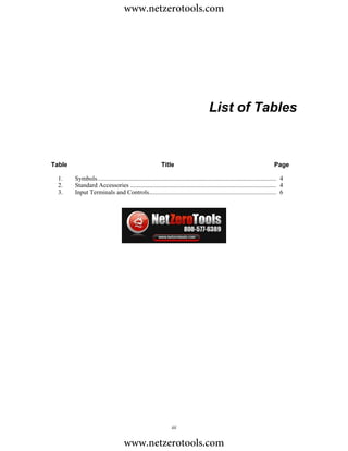 www.netzerotools.com




                                                                                       List of Tables



Table                                                      Title                                                             Page

  1.    Symbols.................................................................................................................. 4
  2.    Standard Accessories ............................................................................................. 4
  3.    Input Terminals and Controls................................................................................. 6




                                                                 iii

                                    www.netzerotools.com
 