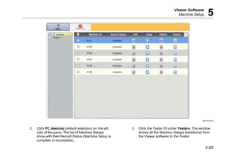 Viewer Software
Machine Setup 5
5-29
gbk103.bmp
2. Click PC desktop (default selection) on the left
side of the pane. The list of Machine Setups
show with their Record Status (Machine Setup is
complete or incomplete).
3. Click the Tester ID under Testers. The window
shows all the Machine Setups transferred from
the Viewer software to the Tester.
 