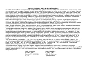 LIMITED WARRANTY AND LIMITATION OF LIABILITY
Your Fluke Vibration Tester is warranted to be free from defects in material and workmanship under normal use and service for three years
from the date of shipment to you. The same warranty applies to the Tachometer and the Sensor but for one year from the date of shipment.
Parts, product repairs, and services are warranted for 90 days. This warranty extends only to the original buyer or end-user customer of a
Fluke authorized reseller, and does not apply to fuses, disposable batteries, or to any product which, in Fluke's opinion, has been misused,
altered, neglected, contaminated, or damaged by accident or abnormal conditions of operation or handling. Fluke warrants that software will
operate substantially in accordance with its functional specifications for 90 days and that it has been properly recorded on non-defective
media. Fluke does not warrant that software will be error free or operate without interruption.
Fluke authorized resellers shall extend this warranty on new and unused products to end-user customers only but have no authority to
extend a greater or different warranty on behalf of Fluke. Warranty support is available only if product is purchased through a Fluke
authorized sales outlet or Buyer has paid the applicable international price. Fluke reserves the right to invoice Buyer for importation costs of
repair/replacement parts when product purchased in one country is submitted for repair in another country.
Fluke's warranty obligation is limited, at Fluke's option, to refund of the purchase price, free of charge repair, or replacement of a defective
product which is returned to a Fluke authorized service center within the warranty period.
To obtain warranty service, contact your nearest Fluke authorized service center to obtain return authorization information, then send the
product to that service center, with a description of the difficulty, postage and insurance prepaid (FOB Destination). Fluke assumes no risk
for damage in transit. Following warranty repair, the product will be returned to Buyer, transportation prepaid (FOB Destination). If Fluke
determines that failure was caused by neglect, misuse, contamination, alteration, accident, or abnormal condition of operation or handling,
including overvoltage failures caused by use outside the product’s specified rating, or normal wear and tear of mechanical components,
Fluke will provide an estimate of repair costs and obtain authorization before commencing the work. Following repair, the product will be
returned to the Buyer transportation prepaid and the Buyer will be billed for the repair and return transportation charges (FOB Shipping
Point).
THIS WARRANTY IS BUYER'S SOLE AND EXCLUSIVE REMEDY AND IS IN LIEU OF ALL OTHER WARRANTIES, EXPRESS OR
IMPLIED, INCLUDING BUT NOT LIMITED TO ANY IMPLIED WARRANTY OF MERCHANTABILITY OR FITNESS FOR A PARTICULAR
PURPOSE. FLUKE SHALL NOT BE LIABLE FOR ANY SPECIAL, INDIRECT, INCIDENTAL OR CONSEQUENTIAL DAMAGES OR
LOSSES, INCLUDING LOSS OF DATA, ARISING FROM ANY CAUSE OR THEORY.
Since some countries or states do not allow limitation of the term of an implied warranty, or exclusion or limitation of incidental or
consequential damages, the limitations and exclusions of this warranty may not apply to every buyer. If any provision of this Warranty is held
invalid or unenforceable by a court or other decision-maker of competent jurisdiction, such holding will not affect the validity or enforceability
of any other provision.
Fluke Corporation
P.O. Box 9090
Everett, WA 98206-9090
U.S.A.
Fluke Europe B.V.
P.O. Box 1186
5602 BD Eindhoven
The Netherlands
 