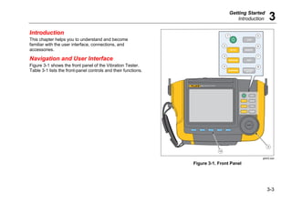 Getting Started
Introduction 3
3-3
Introduction
This chapter helps you to understand and become
familiar with the user interface, connections, and
accessories.
Navigation and User Interface
Figure 3-1 shows the front panel of the Vibration Tester.
Table 3-1 lists the front-panel controls and their functions.
F1 F2 F3 F4 F5
SAVE
MEMORY
INFO
INSTRUMENT
SETUP
SETUP
MEASURE
DIAGNOSE
SAVE
MEMORY
INFO
INSTRUMENT
SETUP
SETUP
MEASURE
DIAGNOSE
1
2
3
4
6
5
7
8
9
10
ENTER
gbk02.eps
Figure 3-1. Front Panel
 
