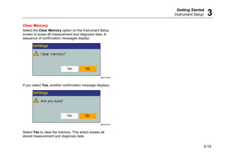 Getting Started
Instrument Setup 3
3-15
Clear Memory
Select the Clear Memory option on the Instrument Setup
screen to erase all measurement and diagnosis data. A
sequence of confirmation messages display:
gbk31.bmp
If you select Yes, another confirmation message displays:
gbk32.bmp
Select Yes to clear the memory. This action erases all
stored measurement and diagnosis data.
 