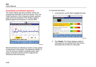 810
Users Manual
4-42
Fault Details and Vibration Spectrum
The Tester collects data about vibration motion and
compiles this information in the time domain. Then, the
Tester transforms it into a frequency domain (spectra)
graph where the amplitude of the vibration signal is
graphed against the frequency or machine RPM.
gbk66.bmp
Mechanical faults are detected at certain running speeds
or frequencies in the spectra. The algorithms identify, or
“cite” the abnormal vibration amplitude peaks (cited
peaks) at vibration spectra and then diagnose the
mechanical fault and severity.
To view fault information:
1. In the fault list, use the Dial to highlight the fault.
gbk65.bmp
2. Push Details. The Tester displays a table of
cited peaks for the selected fault. Each fault is
associated with at least one cited peak.
 