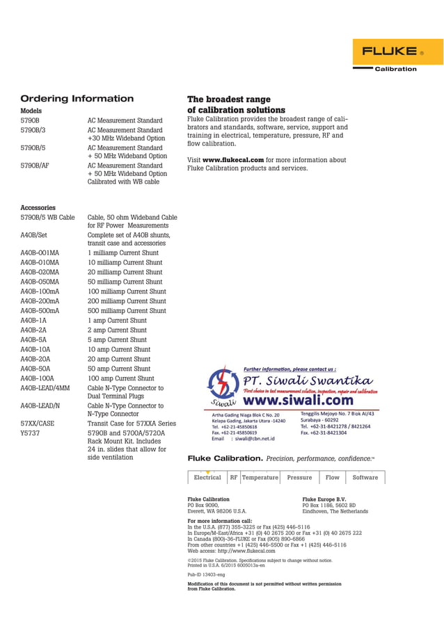 Datasheet Fluke 5790B. Hubungi PT. Siwali Swantika 021-45850618 | PDF