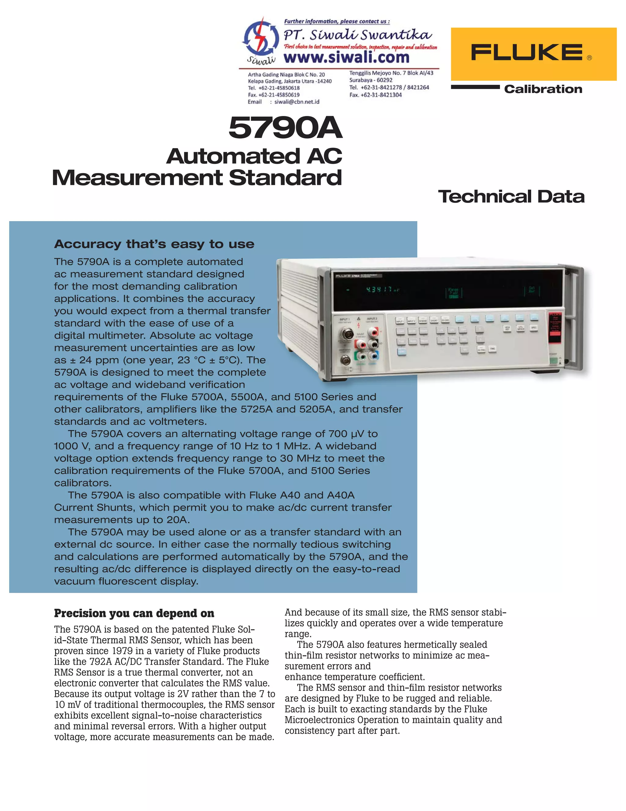 Datasheet Fluke Automated AC Measurement Standard. Hubungi PT. Siwali ...