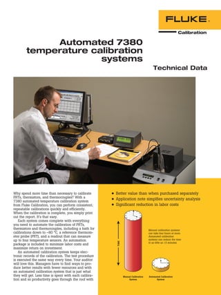 •• Better value than when purchased separately
•• Application note simplfies uncertainty analysis
•• Significant reduction in labor costs
Why spend more time than necessary to calibrate
PRTs, thermistors, and thermocouples? With a
7380 automated temperature calibration system
from Fluke Calibration, you can perform consistent,
repeatable calibrations quickly and efficiently.
When the calibration is complete, you simply print
out the report. It’s that easy.
Each system comes complete with everything
you need to automate the calibration of PRTs,
thermistors and thermocouples, including a bath for
calibrations down to –80 °C, a reference thermom-
eter probe (PRT), and a readout that can measure
up to four temperature sensors. An automation
package is included to minimize labor costs and
maximize return on investment.
An automated calibration system keeps elec-
tronic records of the calibration. The test procedure
is executed the same way every time. Your auditor
will love this. Managers have to find ways to pro-
duce better results with fewer resources and with
an automated calibration system that is just what
they will get. Less time is spent with each calibra-
tion and so productivity goes through the roof with
Automated 7380
temperature calibration
systems
Technical Data
Manual calibration systems
can take four hours or more.
Automated calibration
systems can reduce the time
to as little as 15 minutes.
 