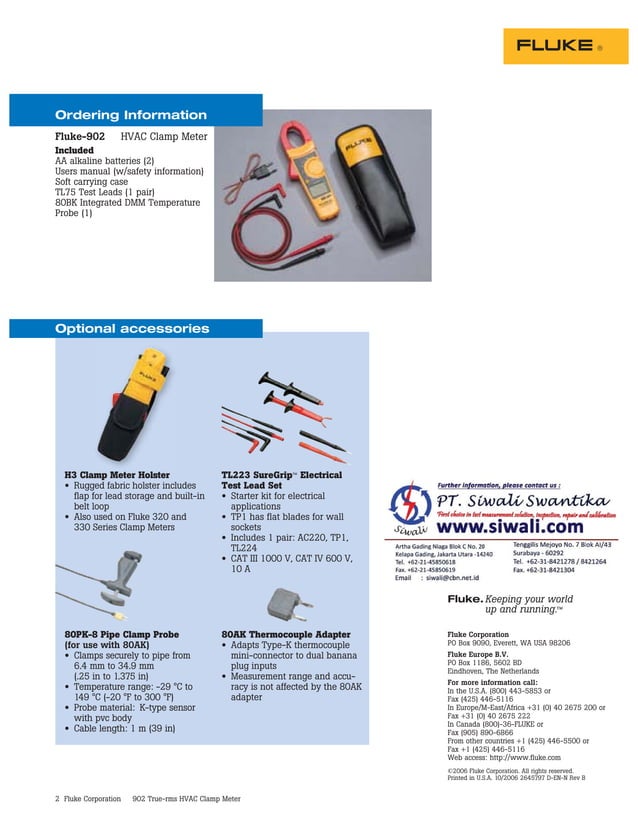 Datasheet Fluke 902. Hubungi PT. Siwali Swantika 021-45850618 | PDF
