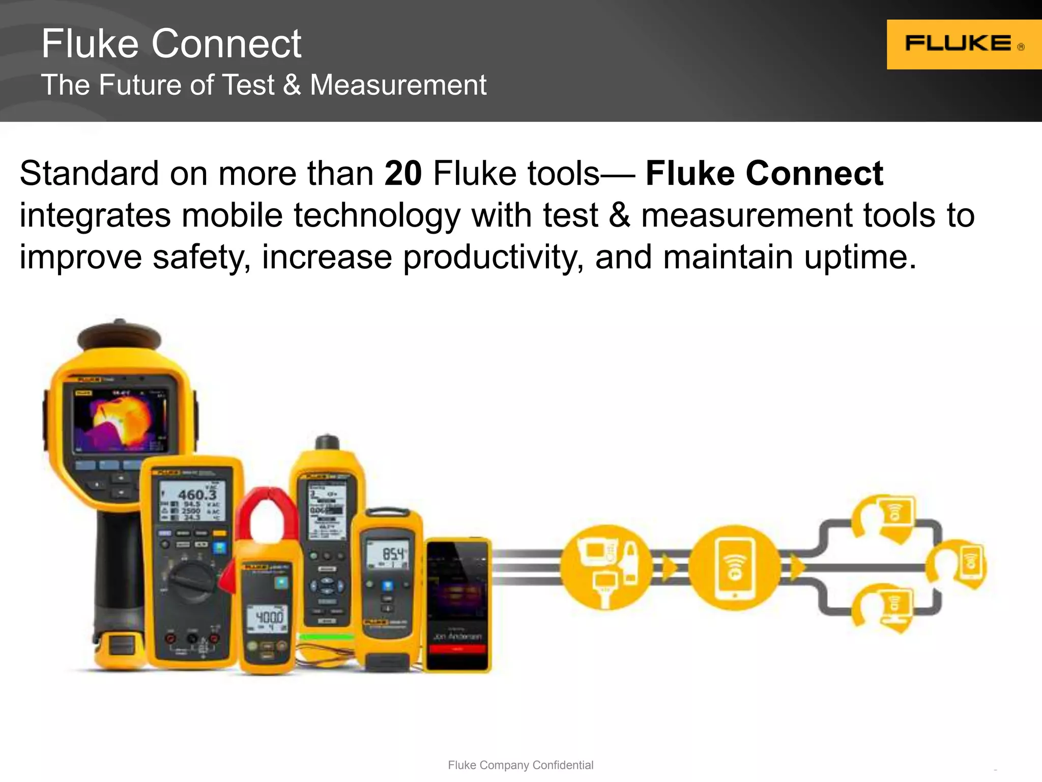 Fluke Connect 
The Future of Test & Measurement 
Standard on more than 20 Fluke tools— Fluke Connect 
integrates mobile technology with test & measurement tools to 
improve safety, increase productivity, and maintain uptime. 
Fluke Company Confidential 5 
 