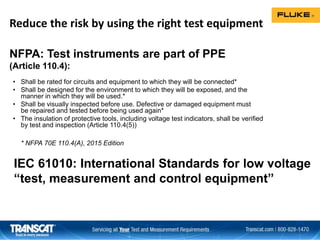 NFPA: Test instruments are part of PPE
(Article 110.4):
• Shall be rated for circuits and equipment to which they will be connected*
• Shall be designed for the environment to which they will be exposed, and the
manner in which they will be used.*
• Shall be visually inspected before use. Defective or damaged equipment must
be repaired and tested before being used again*
• The insulation of protective tools, including voltage test indicators, shall be verified
by test and inspection (Article 110.4(5))
* NFPA 70E 110.4(A), 2015 Edition
Reduce the risk by using the right test equipment
IEC 61010: International Standards for low voltage
“test, measurement and control equipment”
 