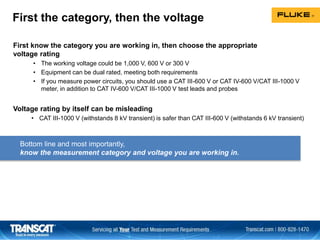 First the category, then the voltage
First know the category you are working in, then choose the appropriate
voltage rating
• The working voltage could be 1,000 V, 600 V or 300 V
• Equipment can be dual rated, meeting both requirements
• If you measure power circuits, you should use a CAT III-600 V or CAT IV-600 V/CAT III-1000 V
meter, in addition to CAT IV-600 V/CAT III-1000 V test leads and probes
Voltage rating by itself can be misleading
• CAT III-1000 V (withstands 8 kV transient) is safer than CAT III-600 V (withstands 6 kV transient)
Bottom line and most importantly,
know the measurement category and voltage you are working in.
 