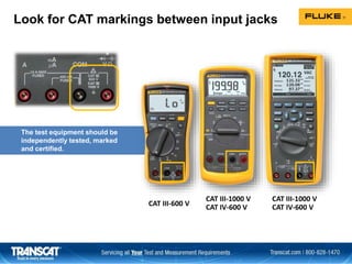 The test equipment should be
independently tested, marked
and certified.
CAT III-600 V
CAT III-1000 V
CAT IV-600 V
CAT III-1000 V
CAT IV-600 V
Look for CAT markings between input jacks
 