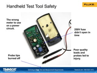 The wrong
meter to use
on a power
circuit.
Probe tips
burned off
Poor quality
leads and
probes led to
injury.
250V fuse
didn’t open in
time
Handheld Test Tool Safety
 
