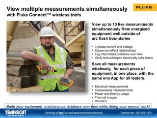 View multiple measurements simultaneously
with Fluke Connect™ wireless tools
View up to 10 live measurements
simultaneously from energized
equipment well outside of
arc flash boundaries
• 3-phase current and voltage
• Cause and effect relationships
• Log intermittent problems over time
• Verify lockout/tagout electrically safe status
Save all measurements
wirelessly, for each piece of
equipment, in one place, with the
same one App for all testers.
• Electrical measurements
• Temperature measurements
• Power and Energy usage
• Thermal Images
• Vibration
:
Build your equipment maintenance database over time while doing your normal work!
 