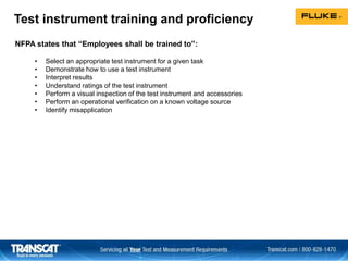 Test instrument training and proficiency
NFPA states that “Employees shall be trained to”:
• Select an appropriate test instrument for a given task
• Demonstrate how to use a test instrument
• Interpret results
• Understand ratings of the test instrument
• Perform a visual inspection of the test instrument and accessories
• Perform an operational verification on a known voltage source
• Identify misapplication
 
