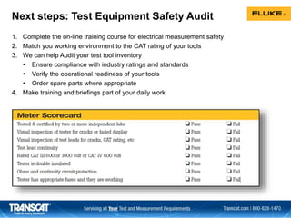 Next steps: Test Equipment Safety Audit
1. Complete the on-line training course for electrical measurement safety
2. Match you working environment to the CAT rating of your tools
3. We can help Audit your test tool inventory
• Ensure compliance with industry ratings and standards
• Verify the operational readiness of your tools
• Order spare parts where appropriate
4. Make training and briefings part of your daily work
 