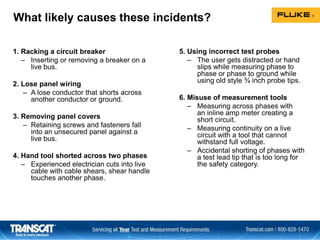 What likely causes these incidents?
1. Racking a circuit breaker
– Inserting or removing a breaker on a
live bus.
2. Lose panel wiring
– A lose conductor that shorts across
another conductor or ground.
3. Removing panel covers
– Retaining screws and fasteners fall
into an unsecured panel against a
live bus.
4. Hand tool shorted across two phases
– Experienced electrician cuts into live
cable with cable shears, shear handle
touches another phase.
5. Using incorrect test probes
– The user gets distracted or hand
slips while measuring phase to
phase or phase to ground while
using old style ¾ inch probe tips.
6. Misuse of measurement tools
– Measuring across phases with
an inline amp meter creating a
short circuit.
– Measuring continuity on a live
circuit with a tool that cannot
withstand full voltage.
– Accidental shorting of phases with
a test lead tip that is too long for
the safety category.
 