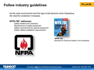 1NFPA-70E –
Standard for Electrical Safety in the Workplace
As the work environment and the type of job become more hazardous,
the need for protection increases.
Follow industry guidelines
NFPA-70E1 addresses:
Safety-related work practices
Maintenance of safety equipment
Safety requirements for special equipment
Safety related installation requirements
 