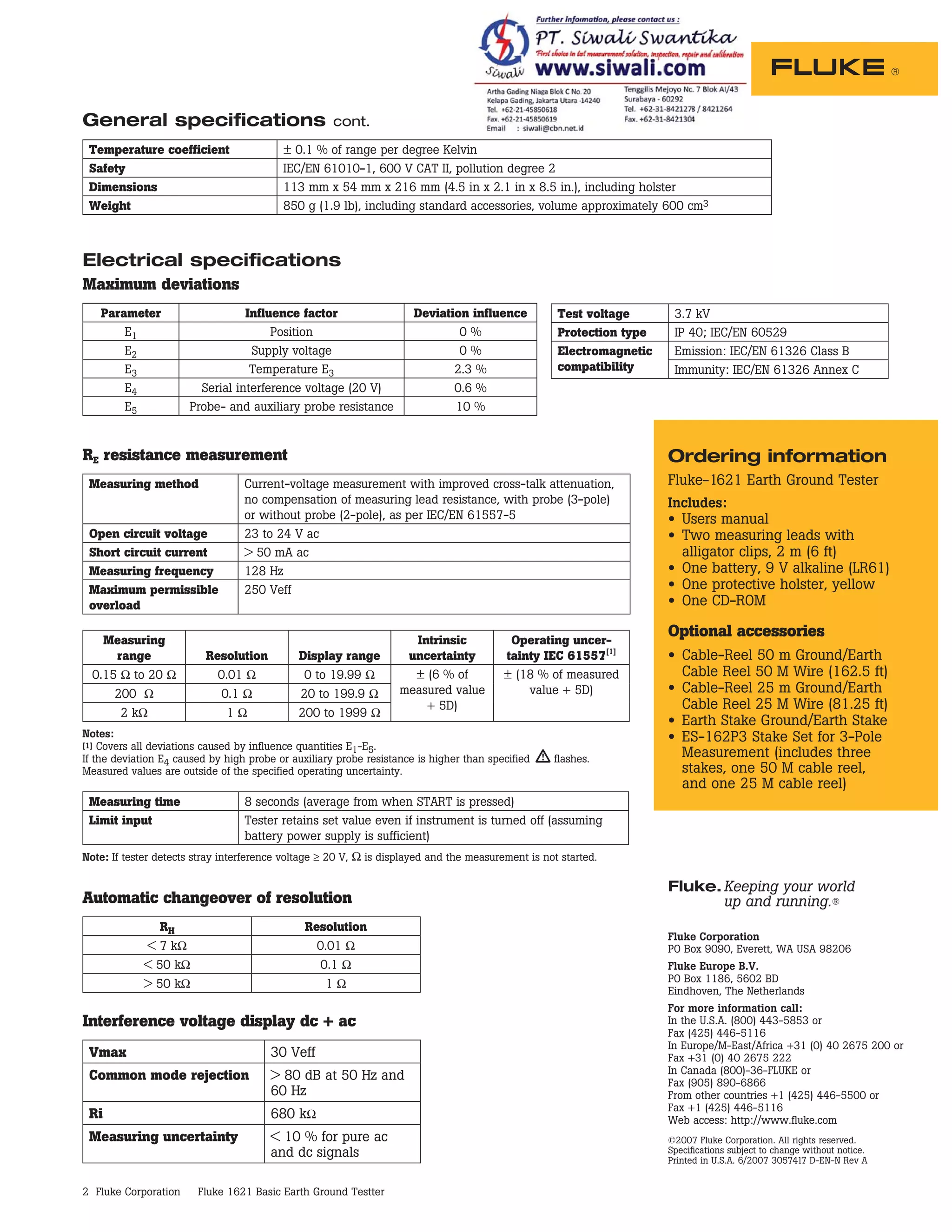 Datasheet Fluke 1621. Hubungi PT. Siwali Swantika 021-45850618 | PDF