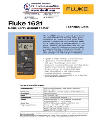 Datasheet Fluke 1621. Hubungi PT. Siwali Swantika 021-45850618 | PDF