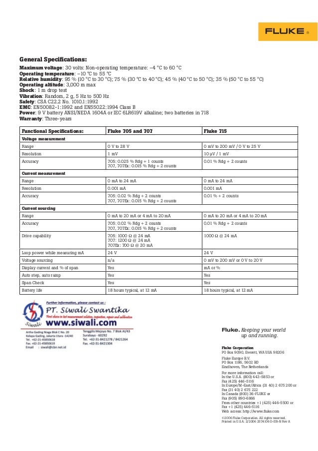 Datasheet Fluke 715 Hubungi Pt Siwali Swantika 021 45850618