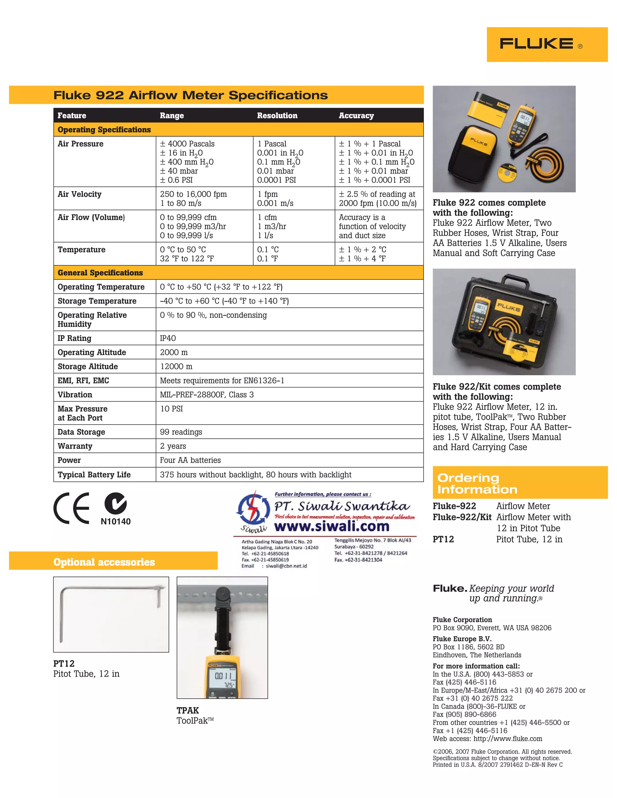 Datasheet Fluke 922. Hubungi PT. Siwali Swantika 021-45850618 | PDF