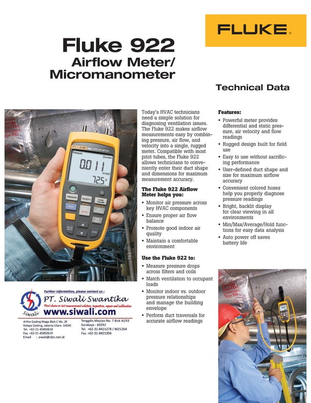 Datasheet Fluke 922. Hubungi PT. Siwali Swantika 021-45850618 | PDF
