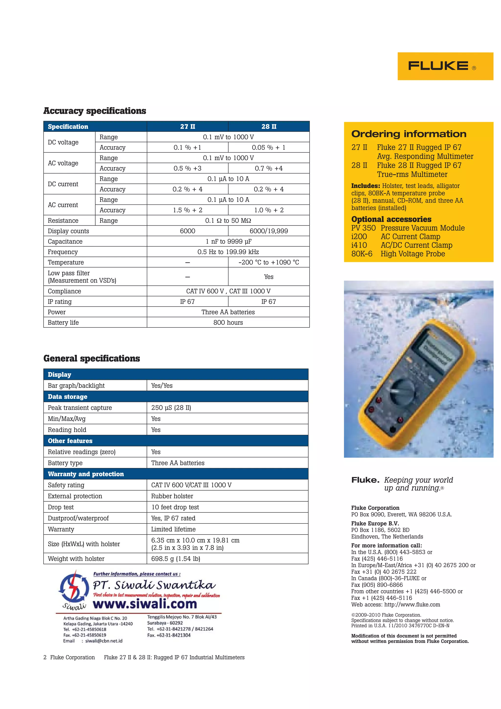Datasheet Fluke 27 II. Datasheet Fluke 28 II. Hubungi PT. Siwali ...
