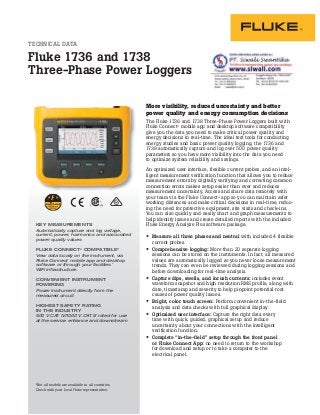TECHNICAL DATA
Fluke 1736 and 1738
Three-Phase Power Loggers
KEY MEASUREMENTS
Automatically capture and log voltage,
current, power, harmonics and associated
power quality values
FLUKE CONNECT®
COMPATIBLE*
View data locally on the instrument, via
Fluke Connect mobile app and desktop
software or through your facilities’
WiFi infrastructure.
CONVENIENT INSTRUMENT
POWERING
Power instrument directly from the
measured circuit
HIGHEST SAFETY RATING
IN THE INDUSTRY
600 V CAT IV/1000 V CAT III rated for use
at the service entrance and downstream
More visibility, reduced uncertainty and better
power quality and energy consumption decisions
The Fluke 1736 and 1738 Three-Phase Power Loggers built with
Fluke Connect® mobile app and desktop software compatibility
give you the data you need to make critical power quality and
energy decisions in real-time. The ideal test tools for conducting
energy studies and basic power quality logging, the 1736 and
1738 automatically capture and log over 500 power quality
parameters so you have more visibility into the data you need
to optimize system reliability and savings.
An optimized user interface, flexible current probes, and an intel-
ligent measurement verification function that allows you to reduce
measurement errors by digitally verifying and correcting common
connection errors makes setup easier than ever and reduces
measurement uncertainty. Access and share data remotely with
your team via the Fluke Connect® app so you can maintain safer
working distances and make critical decisions in real-time, reduc-
ing the need for protective equipment, site visits and check-ins.
You can also quickly and easily chart and graph measurements to
help identify issues and create detailed reports with the included
Fluke Energy Analyze Plus software package.
Measure all three phases and neutral with included 4 flexible
current probes.
Comprehensive logging: More than 20 separate logging
sessions can be stored on the instruments. In fact, all measured
values are automatically logged so you never loose measurement
trends. They can even be reviewed during logging sessions and
before downloading for real-time analysis.
Capture dips, swells, and inrush currents: includes event
waveform snapshot and high resolution RMS profile, along with
date, timestamp and severity to help pinpoint potential root
causes of power quality issues.
Bright, color touch screen: Perform convenient in-the-field
analysis and data checks with full graphical display.
Optimized user interface: Capture the right data every
time with quick, guided, graphical setup and reduce
uncertainty about your connections with the intelligent
verification function.
Complete “in-the-field” setup through the front panel
or Fluke Connect App: no need to return to the workshop
for download and setup or to take a computer to the
electrical panel.
*Not all models are available in all countries.
Check with your local Fluke representative.
 
