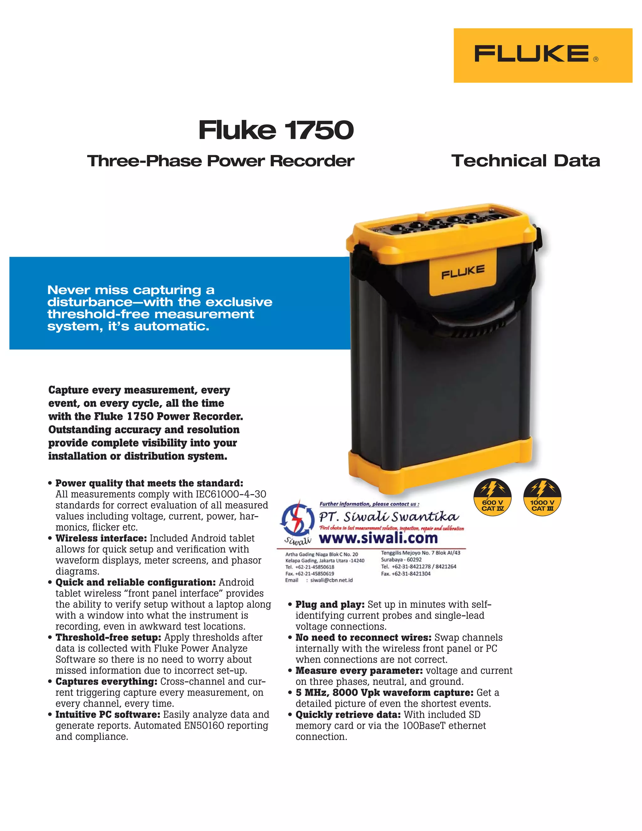 Datasheet Fluke 1750. Hubungi PT. Siwali Swantika 021-45850618 | PDF