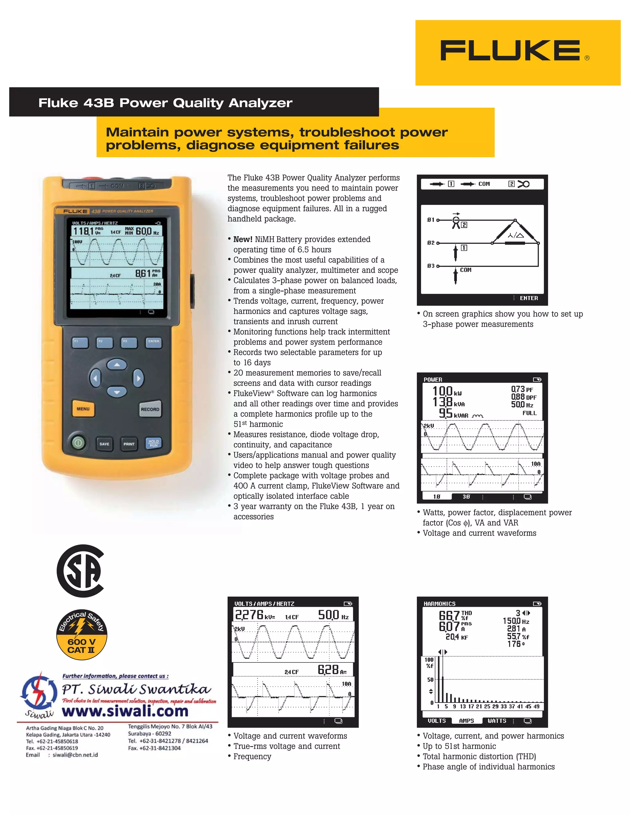 Datasheet Fluke 43B. Hubungi PT. Siwali Swantika 021-45850618 | PDF