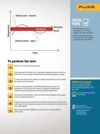 21
Additional resources
For more in depth information
about this application check out
these videos and application notes
from Fluke.
TECH
TIPS
• Set the scan rate to a
low value, i.e. 1.0 °C per
minute, for better accuracy.
• If the scan rate is too low,
the duration of the test may
be longer than necessary.
914X Field Metrology Wells
Video Series
Best practices in
temperature calibration
Testing Temperature
Switches Using
Metrology Wells
Isolate the switch from the process.
Fully immerse the switch into a precision temperature source such as a
dry-well or bath capable of covering the required temperature range.
Connect the leads of the switch to a digital multimeter or to the switch
test inputs of the dry-well.
If using a Metrology Well or Field Metrology Well, increase the
temperature to the set point. Continue raising the temperature
until the switch changes state and record that temperature.
Decrease the temperature until the switch resets (changes state again)
and record the temperature.
Repeat the process as many times as needed, but reduce the ramp rate
and target the last measured set point and reset points to verify accuracy
and repeatability.
Record the deadband (difference between the set point and the
reset point).
STEP
1
STEP
2
STEP
3
STEP
4
STEP
5
STEP
6
STEP
7
To perform the test:
Switch sets - closed
Switch resets - open
Reset
Time
Temperature
Set-point
Deadband
 