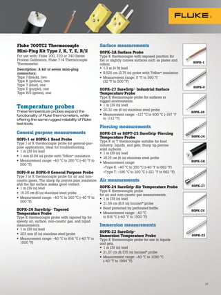 37
Temperature probes
These temperature probes expand the
functionality of Fluke thermometers, while
offering the same rugged reliability of Fluke
test tools.
General purpose measurements
80PJ-1 or 80PK-1 Bead Probe
Type J or K thermocouple probe for general-pur-
pose applications. Ideal for troubleshooting.
• 1 m (39 in) lead
• 1 mm (0.04 in) probe with Teflon® insulation
• Measurement range: -40 °C to 260 °C (-40 °F to
500 °F)
80PJ-9 or 80PK-9 General Purpose Probe
Type J or K thermocouple probe for air and non-
caustic gases. The sharp tip pierces pipe insulation
and the flat surface makes good contact.
• 1 m (39 in) lead
• 15.25 cm (6 in) stainless steel probe
• Measurement range: -40 °C to 260 °C (-40 °F to
500 °F)
80PK-26 SureGrip™ Tapered
Temperature Probe
Type K thermocouple probe with tapered tip for
speedy air, surface, non-caustic gas, and liquid
measurements.
• 1 m (39 in) lead
• 203 mm (8 in) stainless steel probe
• Measurement range: -40 °C to 816 °C (-40 °F to
1500 °F)
80PK-1
80PK-9
80PK-26
80PK-3A
80PK-27
80PK-25
80PK-24
80PK-22
Fluke 700TC2 Thermocouple
Mini-Plug Kit Type J, K, T, E, R/S
For use with: Fluke 700, 720 or 740 Series
Process Calibrators, Fluke 714 Thermocouple
Thermometer.
Description: A kit of seven mini-plug
connectors:
Type J (black), two
Type K (yellow), two
Type T (blue), one
Type E (purple), one
Type R/S (green), one
Surface measurements
80PK-3A Surface Probe
Type K thermocouple with exposed junction for
flat or slightly convex surfaces such as plates and
rollers.
• 1.3 m (4 ft) lead
• 9.525 cm (3.75 in) probe with Teflon® insulation
• Measurement range: 0 °C to 260 °C
(32 °F to 500 °F)
80PK-27 SureGrip™ Industrial Surface
Temperature Probe
Type K thermocouple probe for surfaces in
rugged environments.
• 1 m (39 in) lead
• 20.32 cm (8 in) stainless steel probe
• Measurement range: -127 °C to 600 °C (-197 °F
to 1112 °F)
Piercing measurements
80PK-25 or 80PT-25 SureGrip™Piercing
Temperature Probe
Type K or T thermocouple suitable for food
industry, liquids, and gels. Sharp tip pierces
solid surfaces.
• 1 m (39 in) lead
• 10.16 cm (4 in) stainless steel probe
• Measurement range:
–Type K: -40 °C to 350 °C (-40 °F to 662 °F)
–Type T: -196 °C to 350 °C (-321 °F to 662 °F)
Air measurements
80PK-24 SureGrip™Air Temperature Probe
Type K thermocouple probe
for air and non-caustic gas measurements.
• 1 m (39 in) lead
• 21.59 cm (8.5 in) Inconel®
probe
• Bead protected by perforated baffle
• Measurement range: -40 °C
to 816 °C (-40 °F to 1500 °F)
Immersion measurements
80PK-22 SureGrip™
Immersion Temperature Probe
Type K thermocouple probe for use in liquids
and gels.
• 1 m (39 in) lead
• 21.27 cm (8.375 in) Inconel®
probe
• Measurement range: -40 °C to 1090 °C
(-40 °F to 1994 °F)
37
 