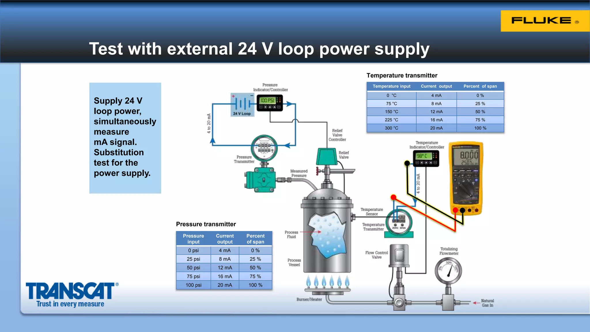 Test with external 24 V loop power supply
Temperature input Current output Percent of span
0 °C 4 mA 0 %
75 °C 8 mA 25 %
150 °C 12 mA 50 %
225 °C 16 mA 75 %
300 °C 20 mA 100 %
Temperature transmitter
Pressure
input
Current
output
Percent
of span
0 psi 4 mA 0 %
25 psi 8 mA 25 %
50 psi 12 mA 50 %
75 psi 16 mA 75 %
100 psi 20 mA 100 %
Pressure transmitter
Supply 24 V
loop power,
simultaneously
measure
mA signal.
Substitution
test for the
power supply.
 