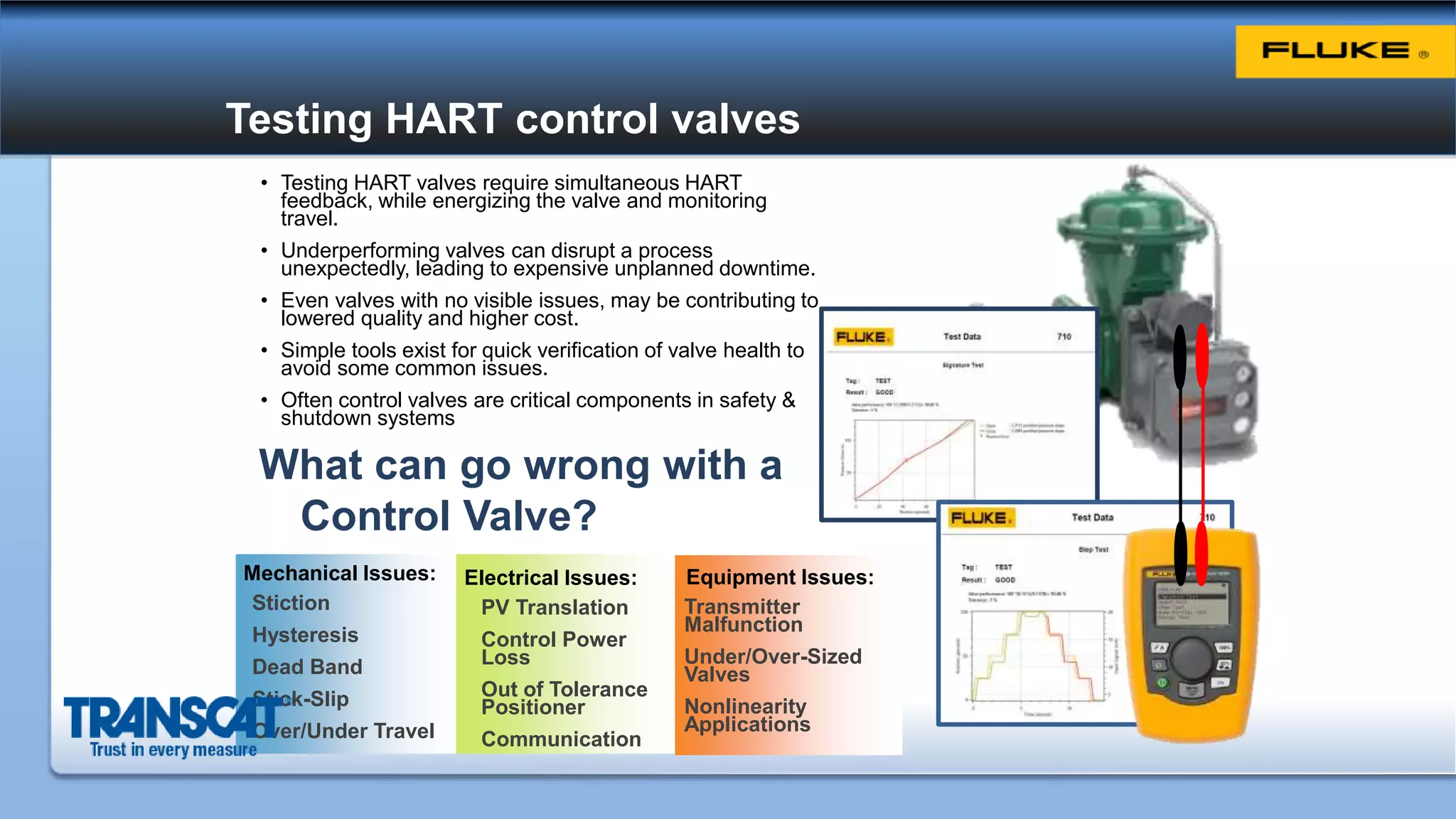 Testing HART control valves
• Testing HART valves require simultaneous HART
feedback, while energizing the valve and monitoring
travel.
• Underperforming valves can disrupt a process
unexpectedly, leading to expensive unplanned downtime.
• Even valves with no visible issues, may be contributing to
lowered quality and higher cost.
• Simple tools exist for quick verification of valve health to
avoid some common issues.
• Often control valves are critical components in safety &
shutdown systems
What can go wrong with a
Control Valve?
Mechanical Issues: Electrical Issues: Equipment Issues:
Stiction
Hysteresis
Dead Band
Stick-Slip
Over/Under Travel
PV Translation
Control Power
Loss
Out of Tolerance
Positioner
Communication
Transmitter
Malfunction
Under/Over-Sized
Valves
Nonlinearity
Applications
 